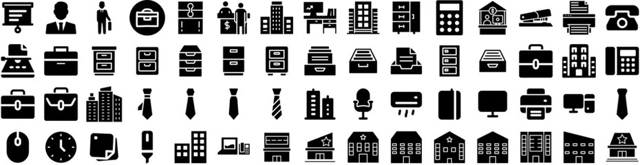 Set Of Office Icons Isolated Silhouette Solid Icon With Table, Computer, Office, Work, Desk, Modern, Business Infographic Simple Vector Illustration Logo