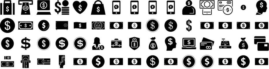 Set Of Money Icons Isolated Silhouette Solid Icon With Cash, Money, Currency, Business, Finance, Dollar, Payment Infographic Simple Vector Illustration Logo