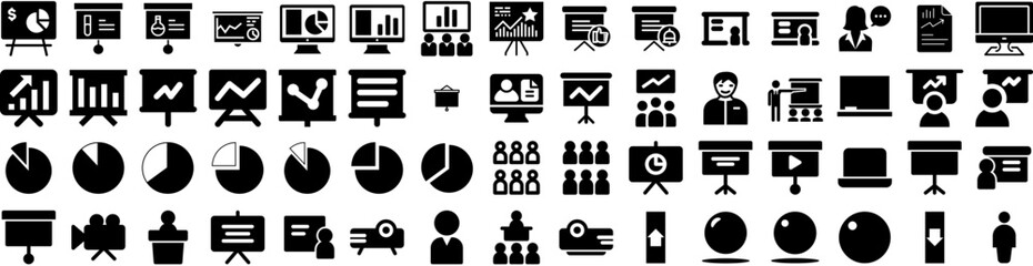 Set Of Presentation Icons Isolated Silhouette Solid Icon With Template, Business, Graphic, Marketing, Background, Presentation, Corporate Infographic Simple Vector Illustration Logo