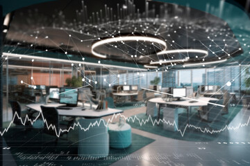 Modern neon cyberpunk open space office interior blurred with information technology overlay. Corporate strategy for finance, operations, marketing. Generative AI technology