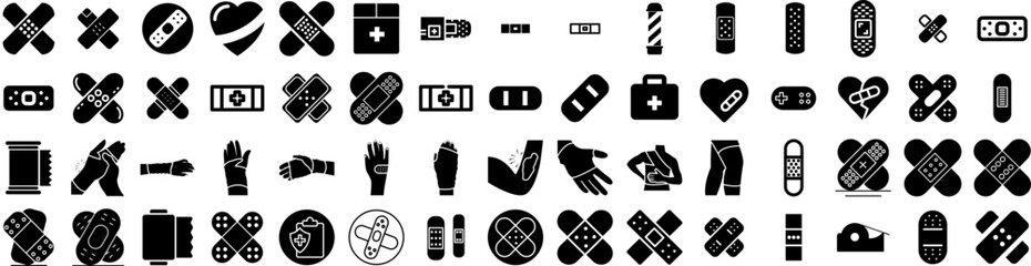 Set Of Bandage Icons Isolated Silhouette Solid Icon With Injury, Medicine, Care, Medical, Bandage, Health, Recovery Infographic Simple Vector Illustration Logo