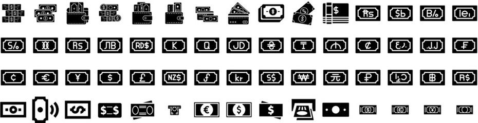 Set Of Banknote Icons Isolated Silhouette Solid Icon With Bank, Currency, Business, Cash, Banknote, Money, Finance Infographic Simple Vector Illustration Logo