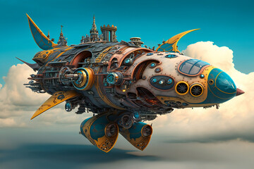 Obraz premium Fantasy steampunk flying vehicle. Created with Generative AI technology.
