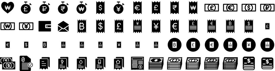 Set Of Bills Icons Isolated Silhouette Solid Icon With Financial, Cash, Finance, Business, Banking, Bill, Money Infographic Simple Vector Illustration Logo