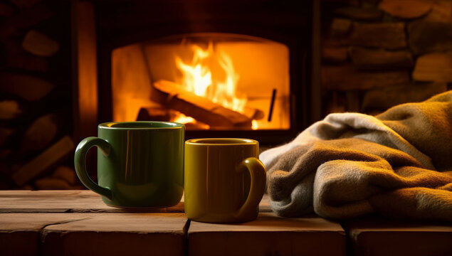 two mugs in front of a fireplace