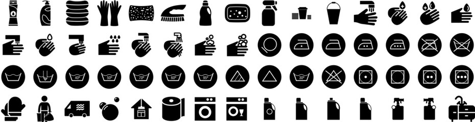 Set Of Cleaning Icons Isolated Silhouette Solid Icon With Wash, Hygiene, Work, Service, Clean, Cleaner, Household Infographic Simple Vector Illustration Logo - obrazy, fototapety, plakaty