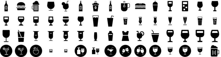 Set Of Cocktail Icons Isolated Silhouette Solid Icon With Drink, Glass, Cocktail, Bar, Beverage, Ice, Alcohol Infographic Simple Vector Illustration Logo
