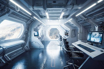 Obraz premium Futuristic interior of a laboratory or scientific station on a planet. Created with Generative AI technology.