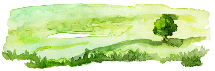 Hand drawn watercolor landscape painting of a lonely tree.