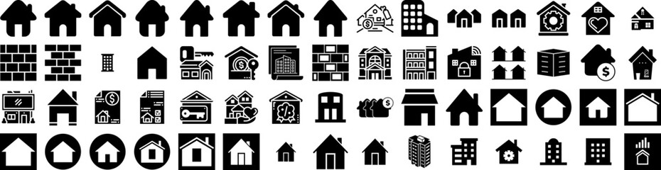 Set Of Housing Icons Isolated Silhouette Solid Icon With Building, Property, Estate, House, Home, Residential, Architecture Infographic Simple Vector Illustration Logo