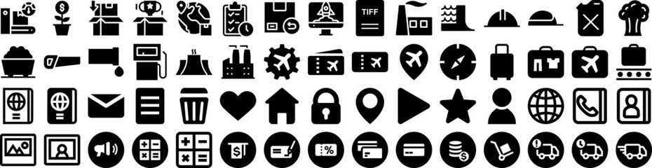 Set Of Industries Icons Isolated Silhouette Solid Icon With Business, Production, Industrial, Factory, Industry, Technology, Manufacturing Infographic Simple Vector Illustration Logo