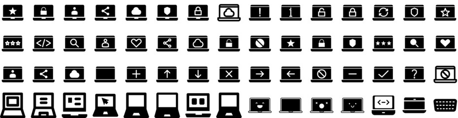 Set Of Macbook Icons Isolated Silhouette Solid Icon With Notebook, Pc, Screen, Blank, Illustration, Mockup, White Infographic Simple Vector Illustration Logo