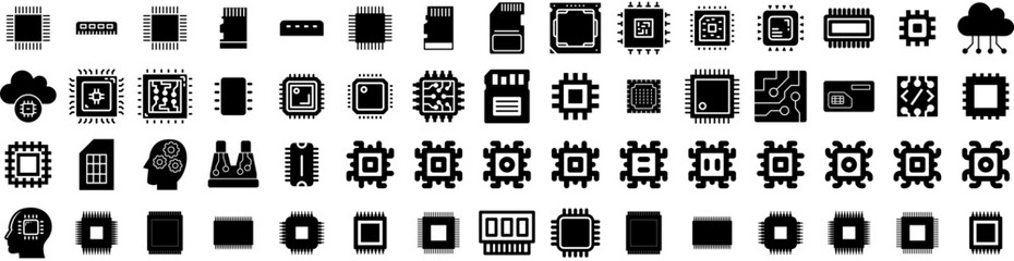 Set Of Microchip Icons Isolated Silhouette Solid Icon With Processor, Hardware, Circuit, Computer, Microchip, Technology, Chip Infographic Simple Vector Illustration Logo
