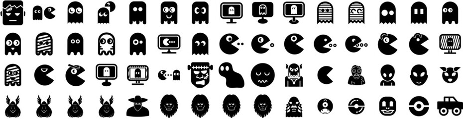 Set Of Monster Icons Isolated Silhouette Solid Icon With Character, Vector, Illustration, Monster, Cute, Funny, Cartoon Infographic Simple Vector Illustration Logo