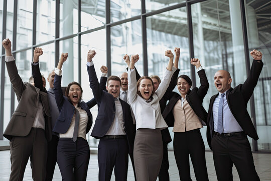 Group of excited business people with raised hands celebrate business success, created with Generative AI