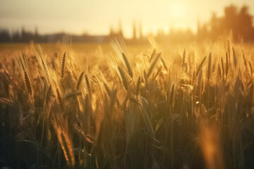 Fototapeta premium Organic golden ripe ears of oats in field. Ripe ears of oats in a field. Agricultural concept. generative ai 