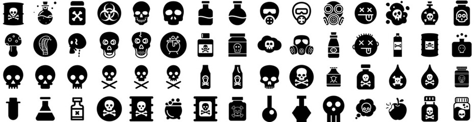Set Of Poison Icons Isolated Silhouette Solid Icon With Toxic, Sign, Chemical, Symbol, Danger, Poison, Isolated Infographic Simple Vector Illustration Logo - obrazy, fototapety, plakaty