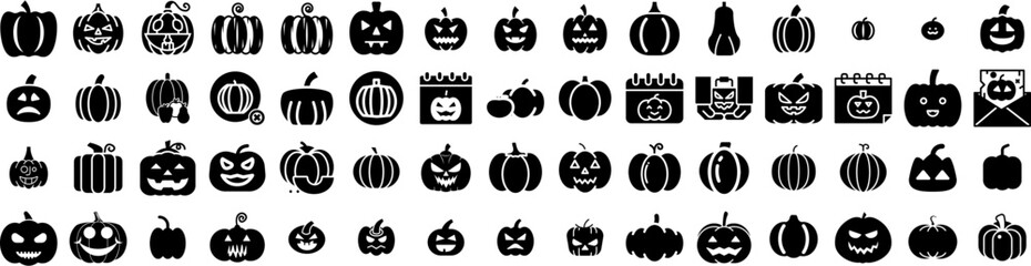 Set Of Pumpkin Icons Isolated Silhouette Solid Icon With October, Isolated, Decoration, Autumn, Halloween, Orange, Pumpkin Infographic Simple Vector Illustration Logo