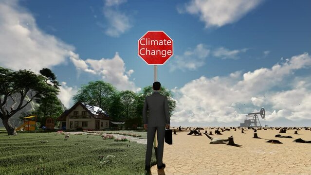 3D animation of a businessman undecided to go green due to climate change, timelapse