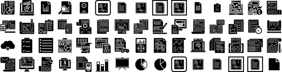 Set Of Report Icons Isolated Silhouette Solid Icon With Chart, Finance, Report, Financial, Business, Data, Analysis Infographic Simple Vector Illustration Logo