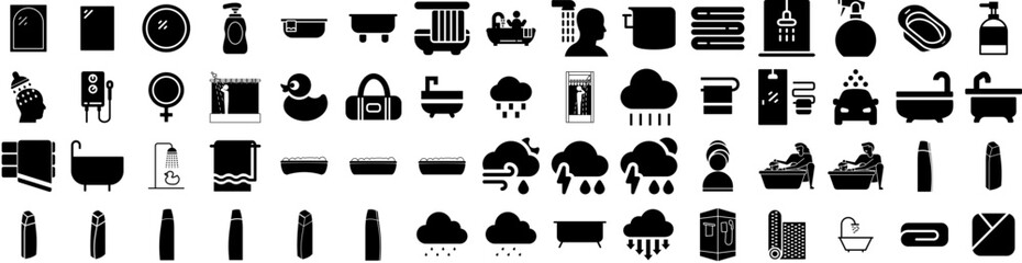 Set Of Shower Icons Isolated Silhouette Solid Icon With Water, Bathroom, Hygiene, Home, Background, Clean, Shower Infographic Simple Vector Illustration Logo