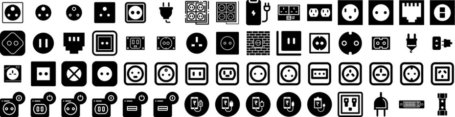 Set Of Socket Icons Isolated Silhouette Solid Icon With Cable, Energy, Power, Socket, Electric, Plug, Electricity Infographic Simple Vector Illustration Logo