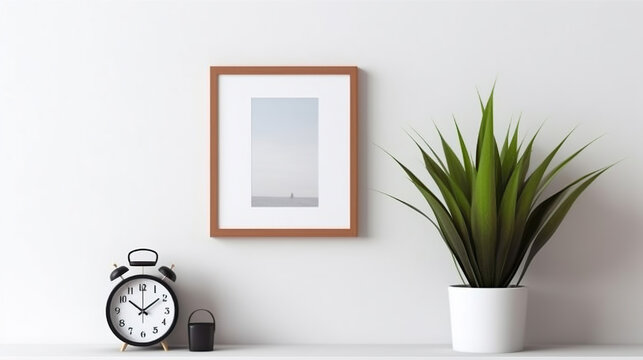 White wall decoration with a picture frame, clock and plants.  Generative Ai