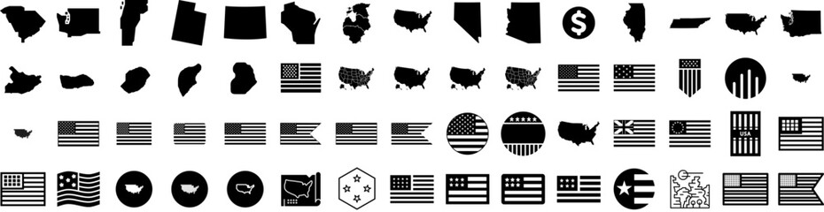 Set Of States Icons Isolated Silhouette Solid Icon With Usa, Travel, Vector, United, America, Illustration, Country Infographic Simple Vector Illustration Logo