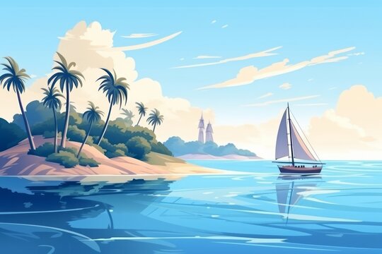 Tropical island illustration with sky coast palm trees and sailing boat in sea. Generative AI