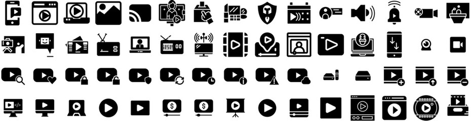 Set Of Streaming Icons Isolated Silhouette Solid Icon With Streaming, Video, Media, Online, Live, Movie, Television Infographic Simple Vector Illustration Logo