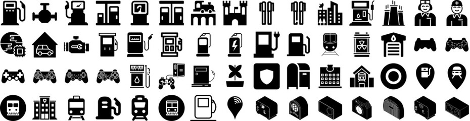 Set Of Station Icons Isolated Silhouette Solid Icon With Station, Automobile, Service, Car, Fuel, Transport, Energy Infographic Simple Vector Illustration Logo