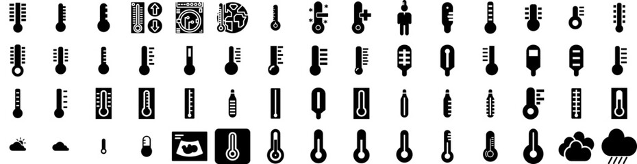 Set Of Temperature Icons Isolated Silhouette Solid Icon With Heat, Icon, Thermometer, Sign, Measurement, Hot, Temperature Infographic Simple Vector Illustration Logo