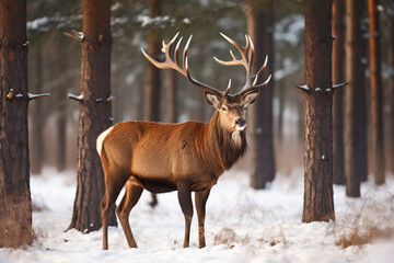 Proud Noble Deer male in winter snow forest,