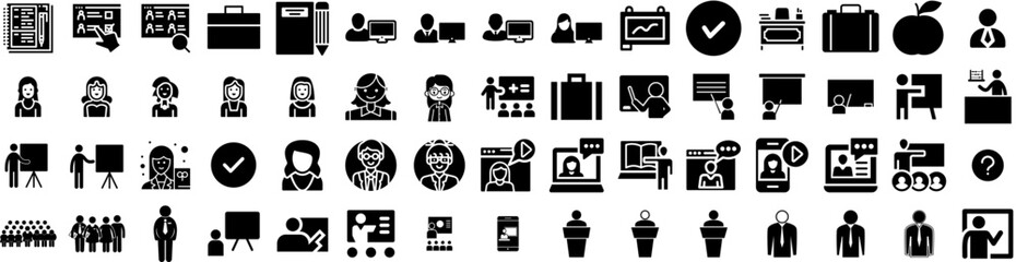 Set Of Teacher Icons Isolated Silhouette Solid Icon With People, School, Teacher, Happy, Education, Class, Classroom Infographic Simple Vector Illustration Logo