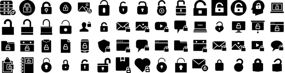 Set Of Unlocked Icons Isolated Silhouette Solid Icon With Unlock, Password, Vector, Open, Key, Safe, Lock Infographic Simple Vector Illustration Logo