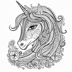 Unicorn with mandala-style patterns and floral decorations 