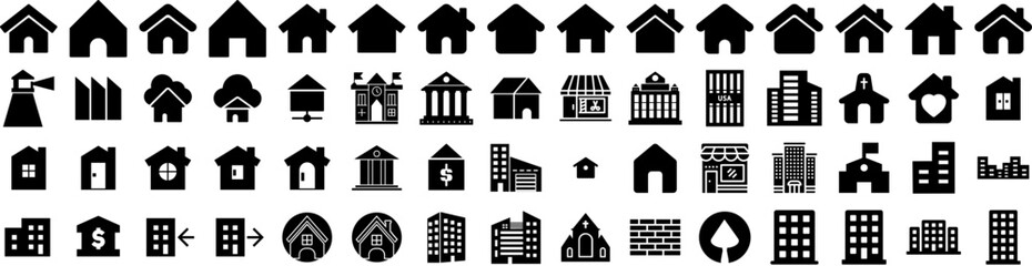 Set Of Building Icons Isolated Silhouette Solid Icon With Architecture, Construction, Building, Office, City, Urban, Business Infographic Simple Vector Illustration Logo