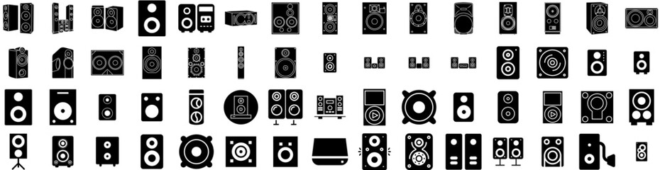 Set Of Woofer Icons Isolated Silhouette Solid Icon With Equipment, Bass, Audio, Loudspeaker, Speaker, Music, Sound Infographic Simple Vector Illustration Logo