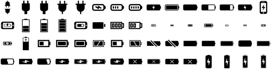 Set Of Battery Icons Isolated Silhouette Solid Icon With Electric, Battery, Electricity, Power, Industry, Energy, Technology Infographic Simple Vector Illustration Logo