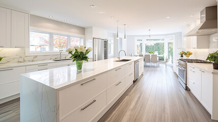 Fototapeta na wymiar Luxurious white kitchen and living room in a big house. Generative Ai