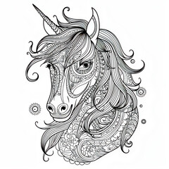 Unicorn with mandala-style patterns and floral decorations 