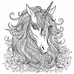 Unicorn with mandala-style patterns and floral decorations 