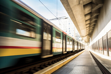 Obraz na płótnie Canvas Metro train leaving the subway station (Lisbon Portugal), Motion blurred view from below,