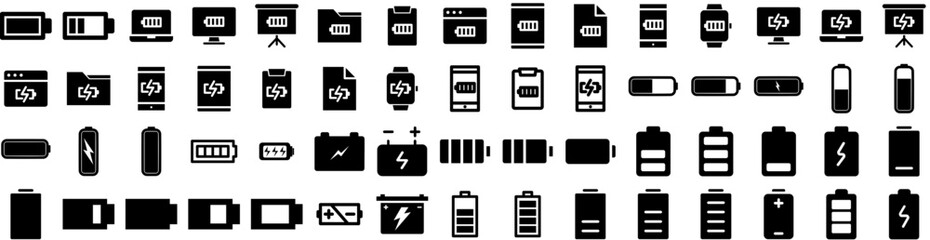 Set Of Battery Icons Isolated Silhouette Solid Icon With Battery, Industry, Electricity, Technology, Power, Energy, Electric Infographic Simple Vector Illustration Logo