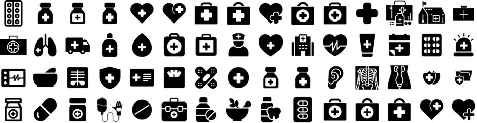 Set Of Medicine Icons Isolated Silhouette Solid Icon With Pharmacy, Prescription, Medical, Treatment, Medicine, Health, Drug Infographic Simple Vector Illustration Logo - obrazy, fototapety, plakaty