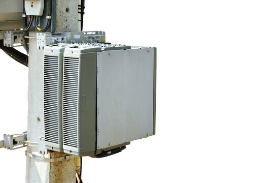 5G Base Station Power Supply on Electricity post. High voltage DC remote supply has become anideal power supply mode for 5G macro base station on white background.
