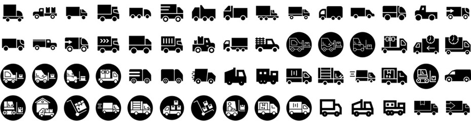 Set Of Truck Icons Isolated Silhouette Solid Icon With Truck, Transportation, Freight, Transport, Cargo, Delivery, Shipping Infographic Simple Vector Illustration Logo