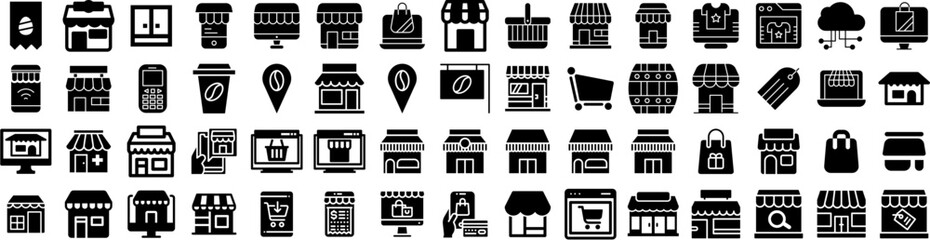 Set Of Store Icons Isolated Silhouette Solid Icon With Retail, Sale, Supermarket, Business, Store, Market, Shop Infographic Simple Vector Illustration Logo