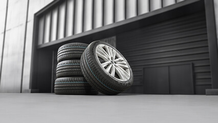 Tire shop, car service and car wheel tire shop design. Stack of car black rubber tires advertising...