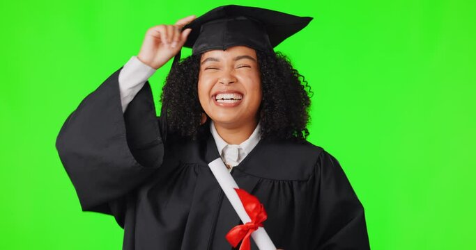 Woman, graduate and diploma with green studio background with celebration with portrait in africa. Female person, graduating and diploma with happiness for education with robe for achievement.